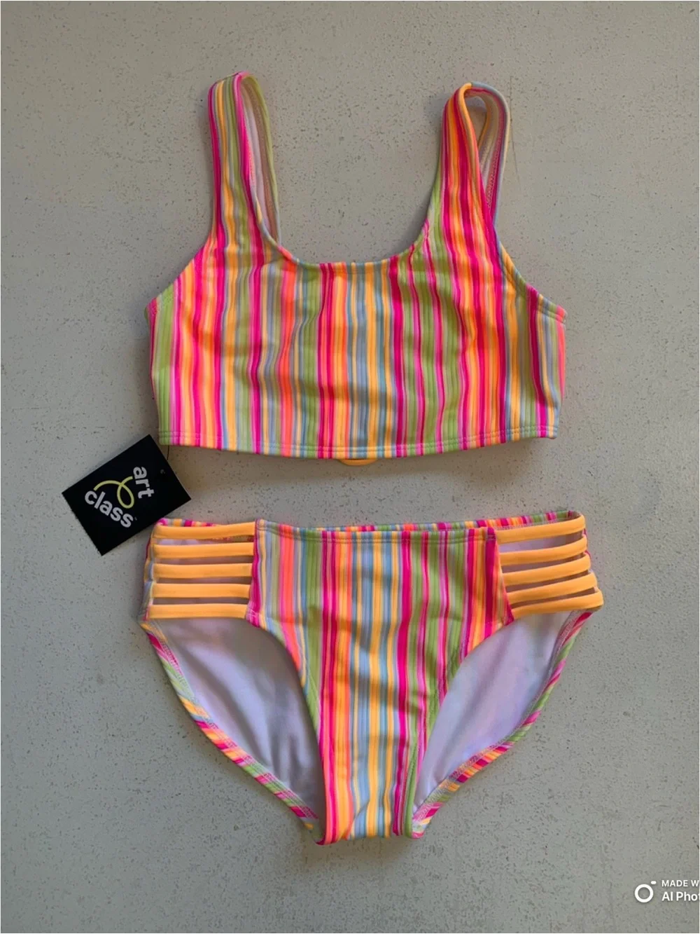 Art Class Girls Neon Pink Orange Stripe Bikini Set Swimsuit Size Large NWT